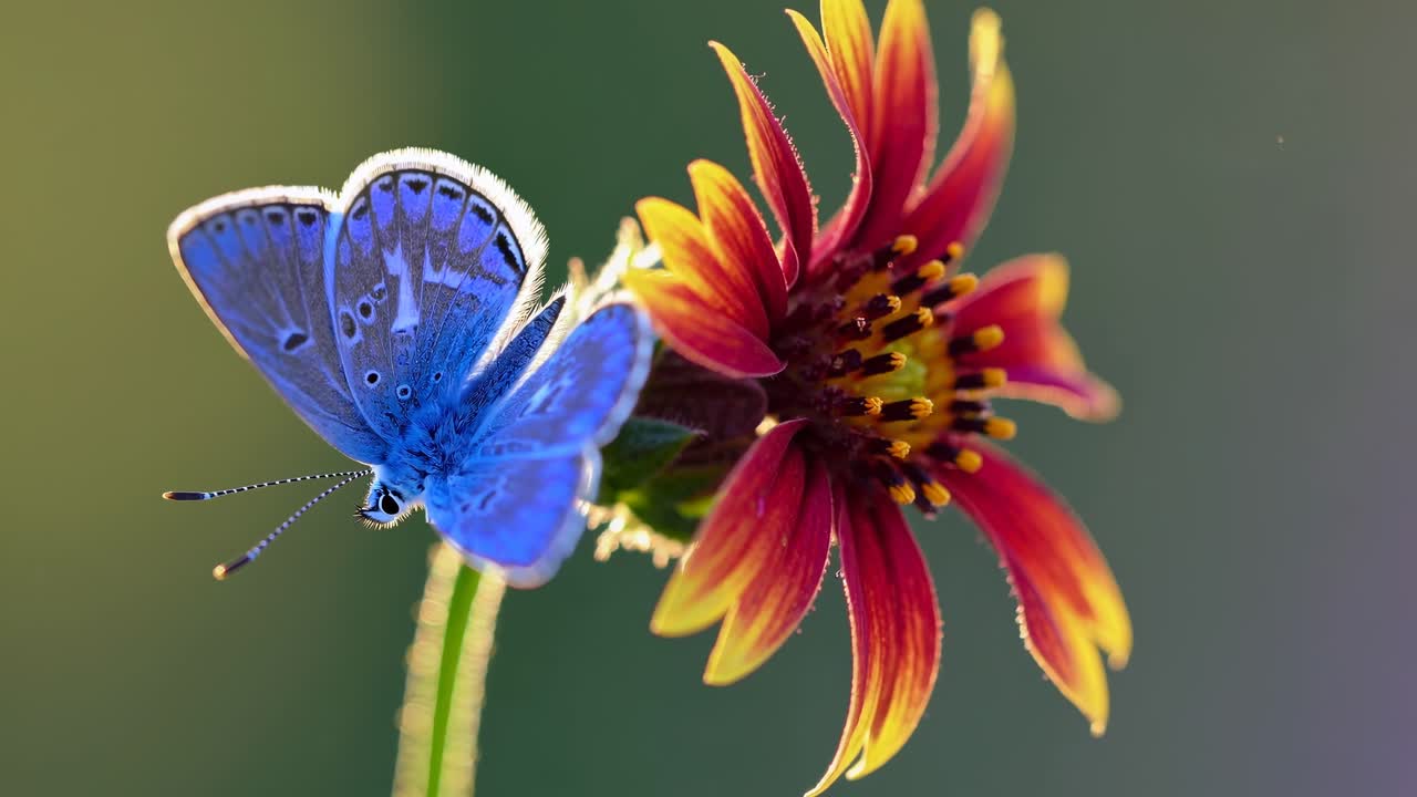 Video ravvicinato di una vivace farfalla blu su un fiore rosso, ripreso da un'angolazione laterale.