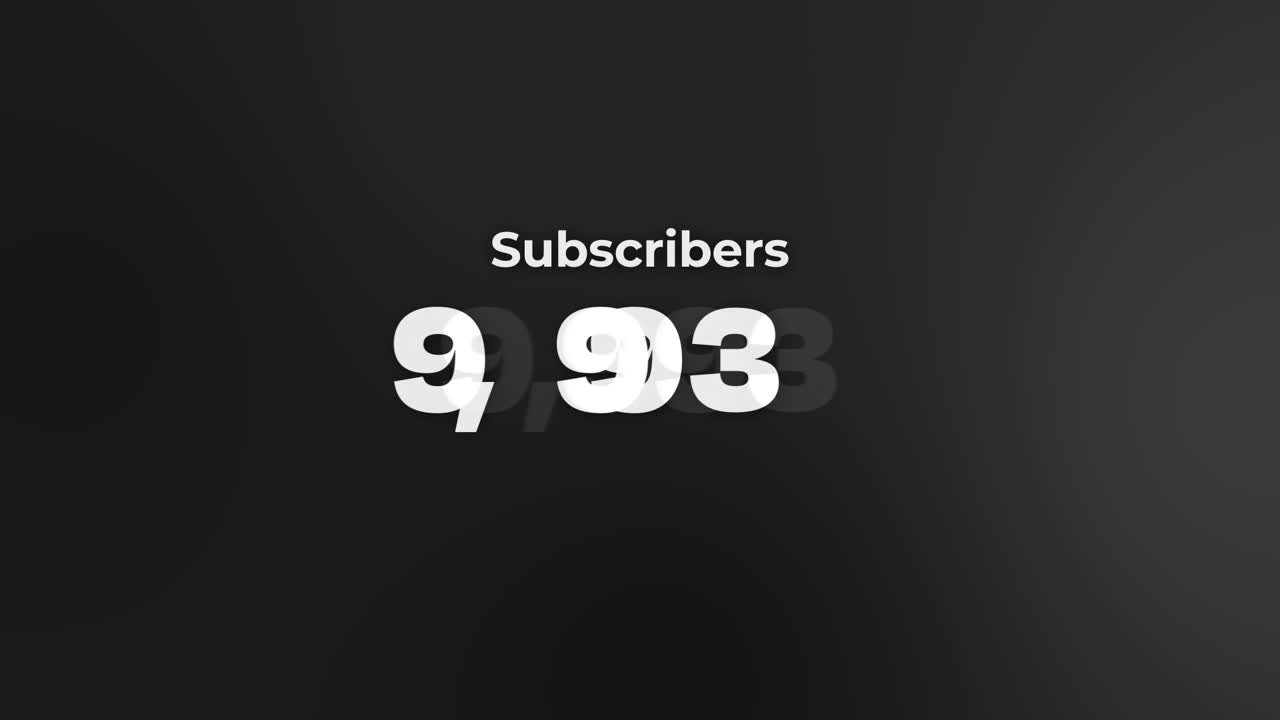 Hurtig optælling af antallet af YouTube-abonnenter til 10.000 på ren, moderne sort gradient baggrund, abonnenttæller, der hurtigt stiger fra 0 til 1 million