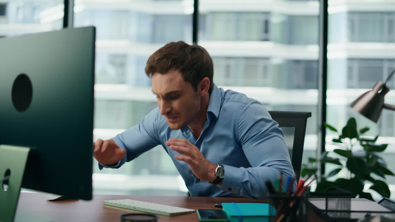 Angry businessman disappointed financial results close up. Man hitting table.