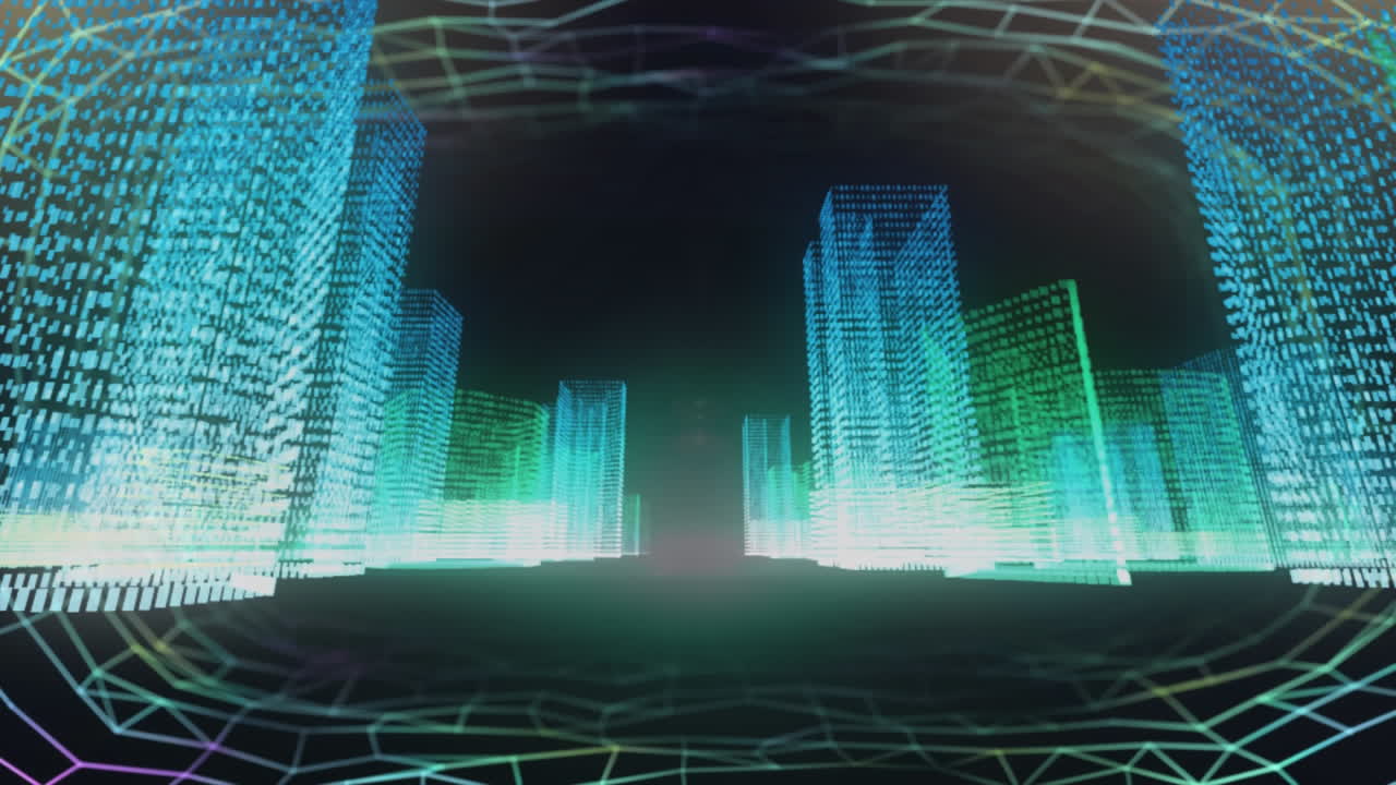 흑색 배경에 3d 녹색에서 파란색 도시 모델을 통해 연결 네트워크의 애니메이션