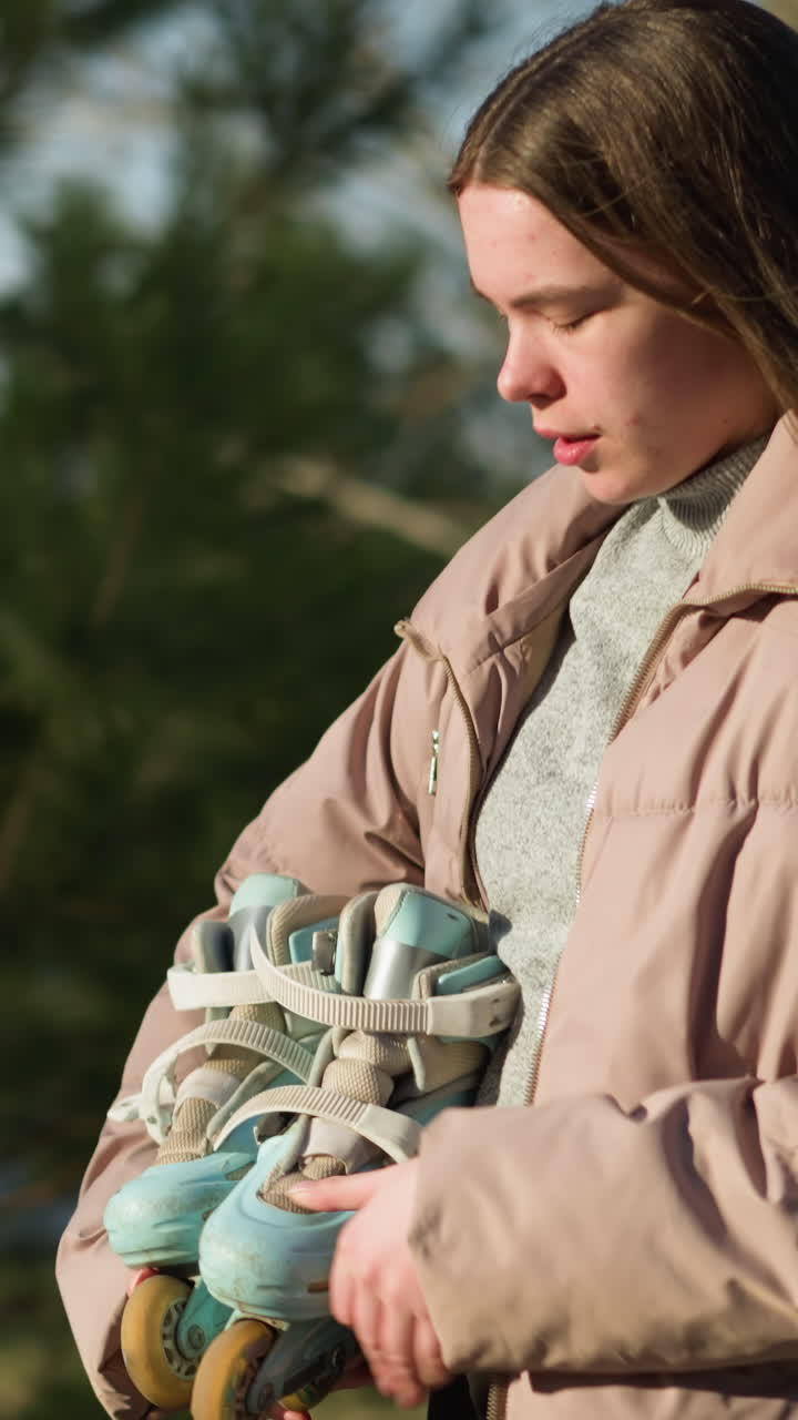 боковой снимок девушки, несущей скейтборд во время прогулки по парку. она носит персиковую куртку и серую внутреннюю рубашку, с спокойным выражением лица, когда она наслаждается наружной средой в солнечный день