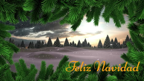 animation of feliz navidad text and branches against snow falling over winter landscape