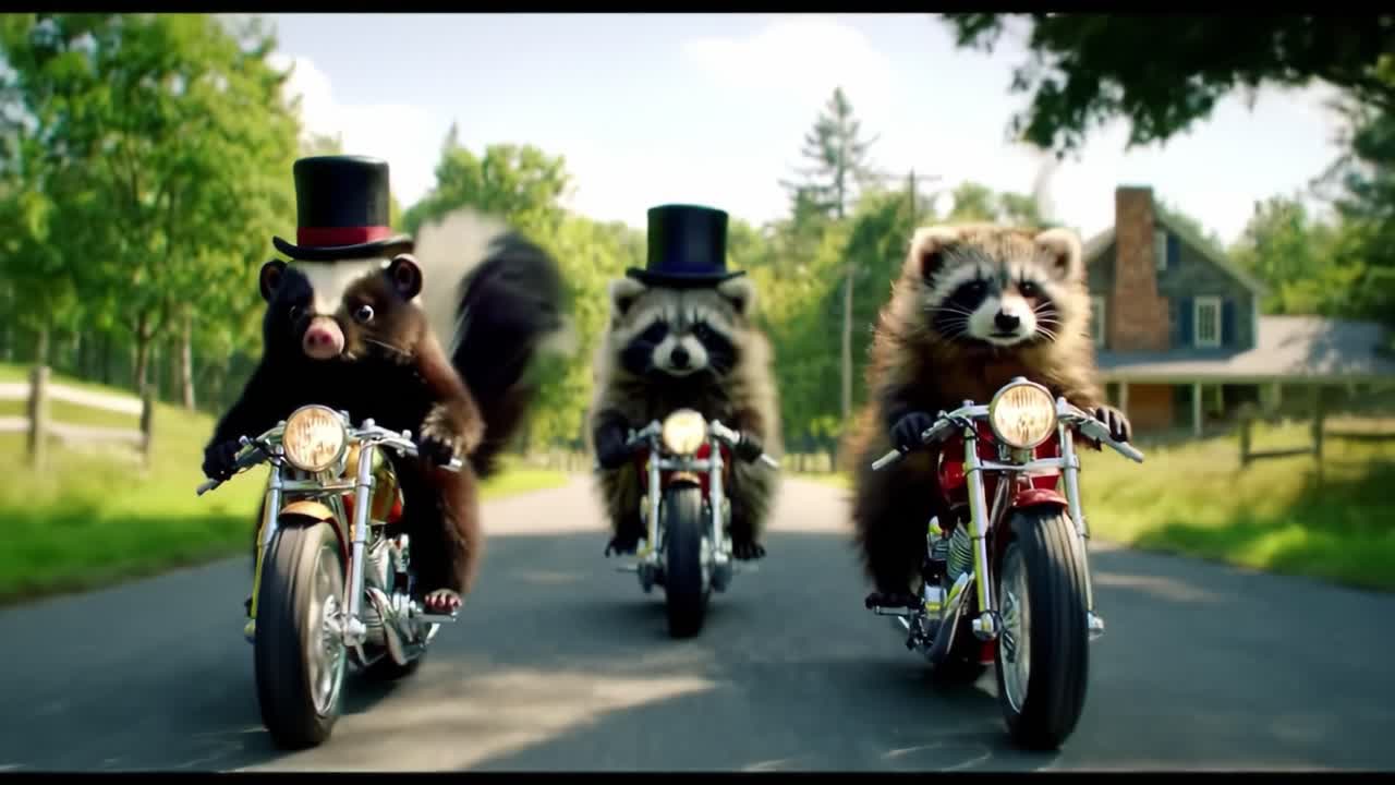 Adventurous Tres Amigos: A Comical Ride of Raccoons and a Skunk on Motorcycles in a Scenic Rural Landscape