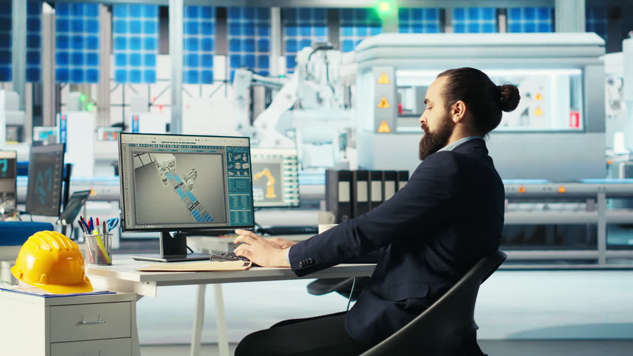 ingegnere di fabbrica fotovoltaica che beve caffè e regola i parametri del sistema