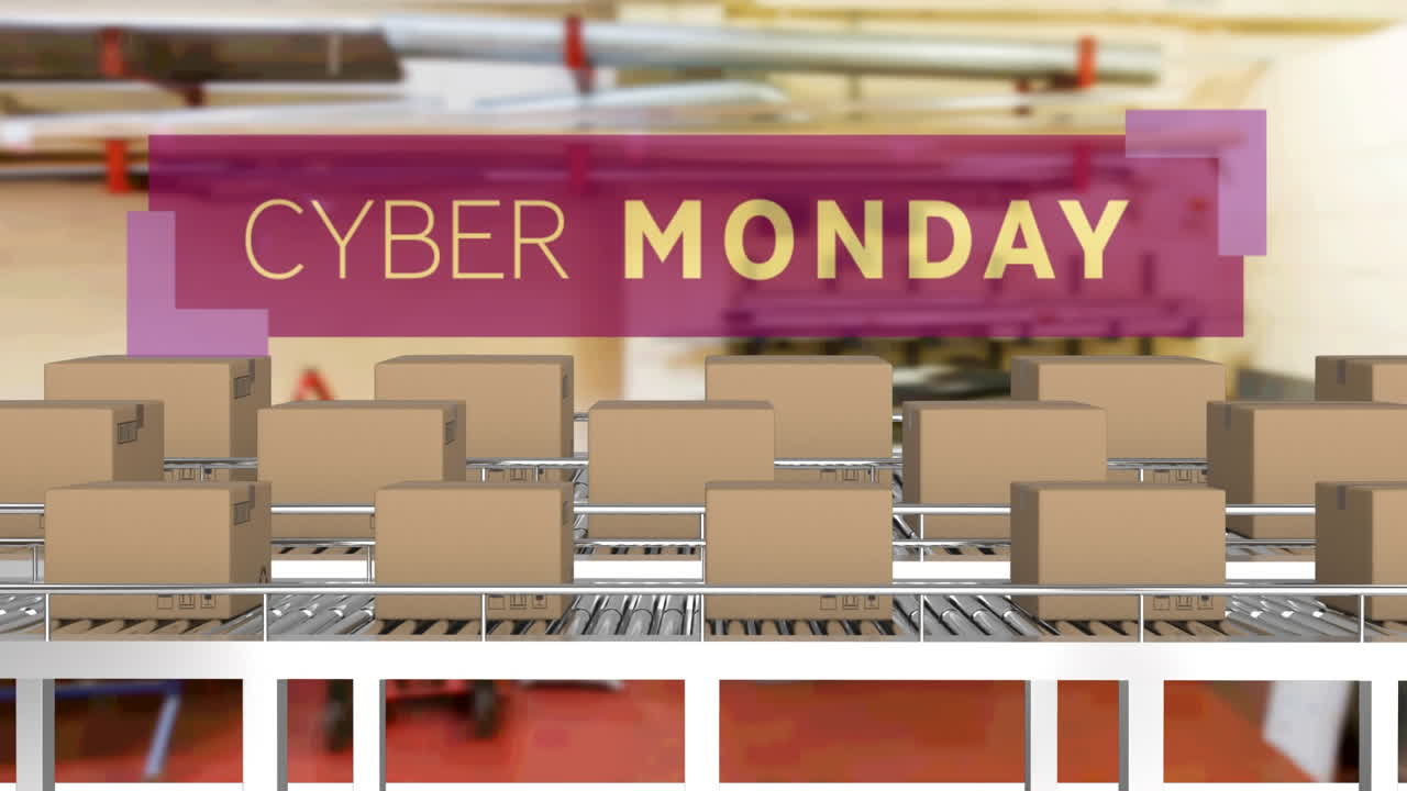 창고의 컨베이어 벨트에 있는 카드보드 상자 위의 사이버 월요일 텍스트의 애니메이션