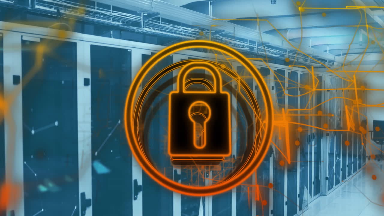 animación del icono del candado y las redes de comunicación a través de la sala del servidor