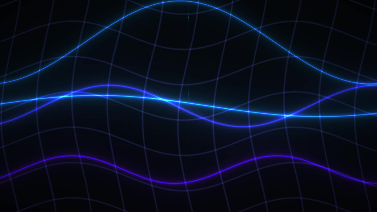 Abstract Neon Sine Waves Moving Over a Dark Grid Background