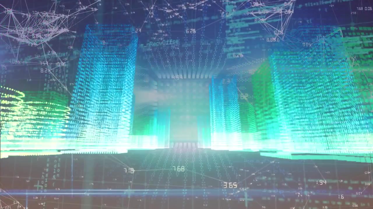 都市の上に重ねられたデータ処理のアニメーション