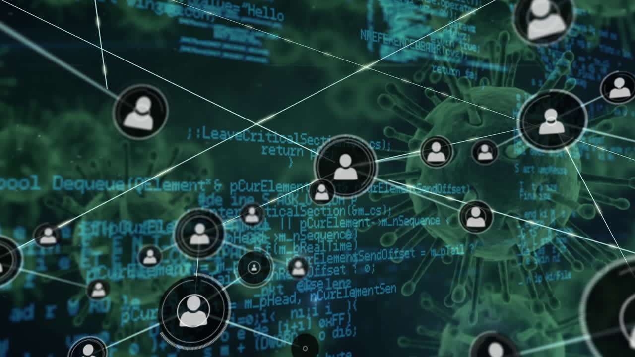 red de iconos de perfil y procesamiento de datos sobre múltiples células de covid-19 en fondo azul