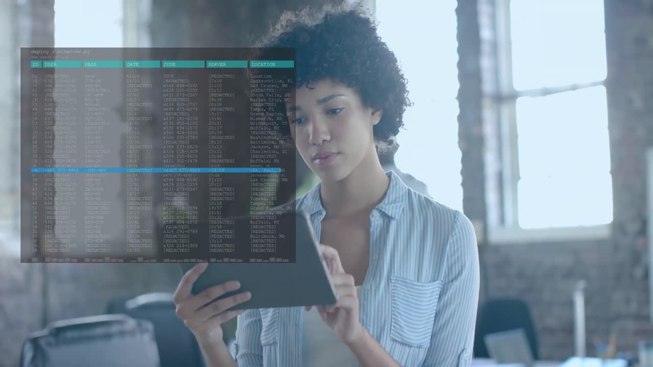 Animation of data processing over biracial businesswoman using tablet in office