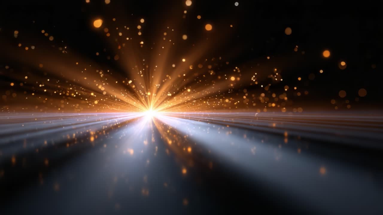 Una straordinaria dimostrazione di luce radiosa e particelle scintillanti che emana da un punto focale, creando un affascinante viaggio visivo attraverso la bellezza astratta