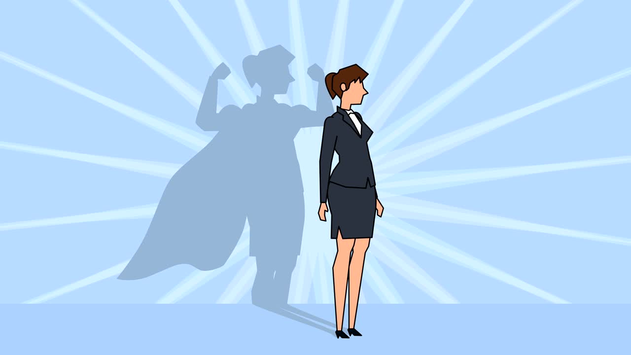 Flat cartoon businesswoman character superhero with cloak shadow concept animation