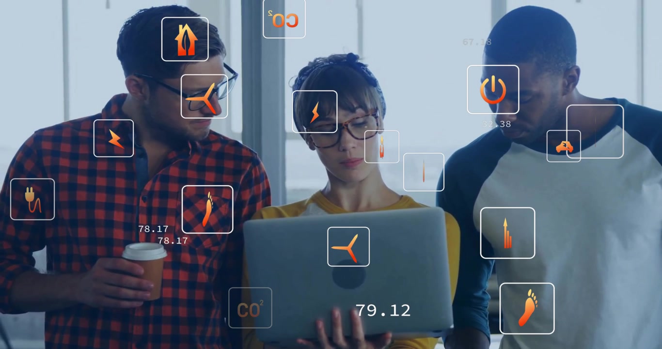 Team holding laptop and starting energy analysis in office, visualizing metrics with animated icons