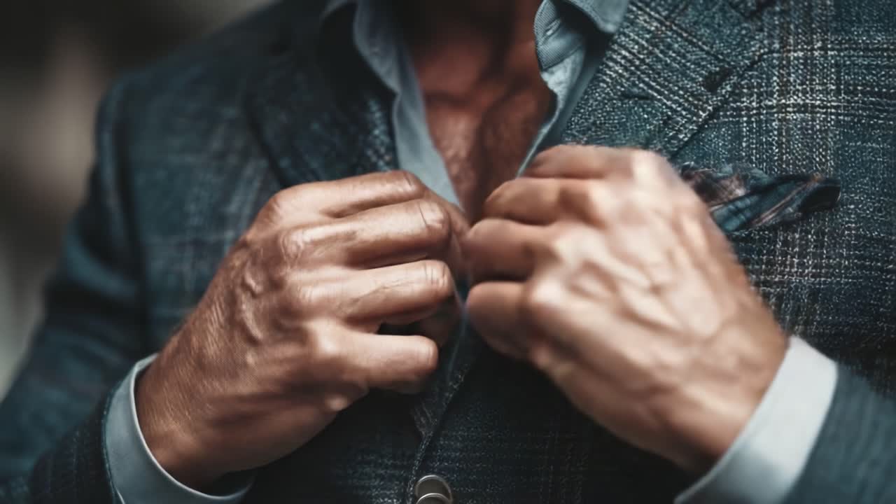 Elegant Close-Up of a Well-Dressed Man's Suit, Highlighting Tailored Fabric, Stylish Pocket Square, and Refined Grooming Details for Fashion Enthusiasts