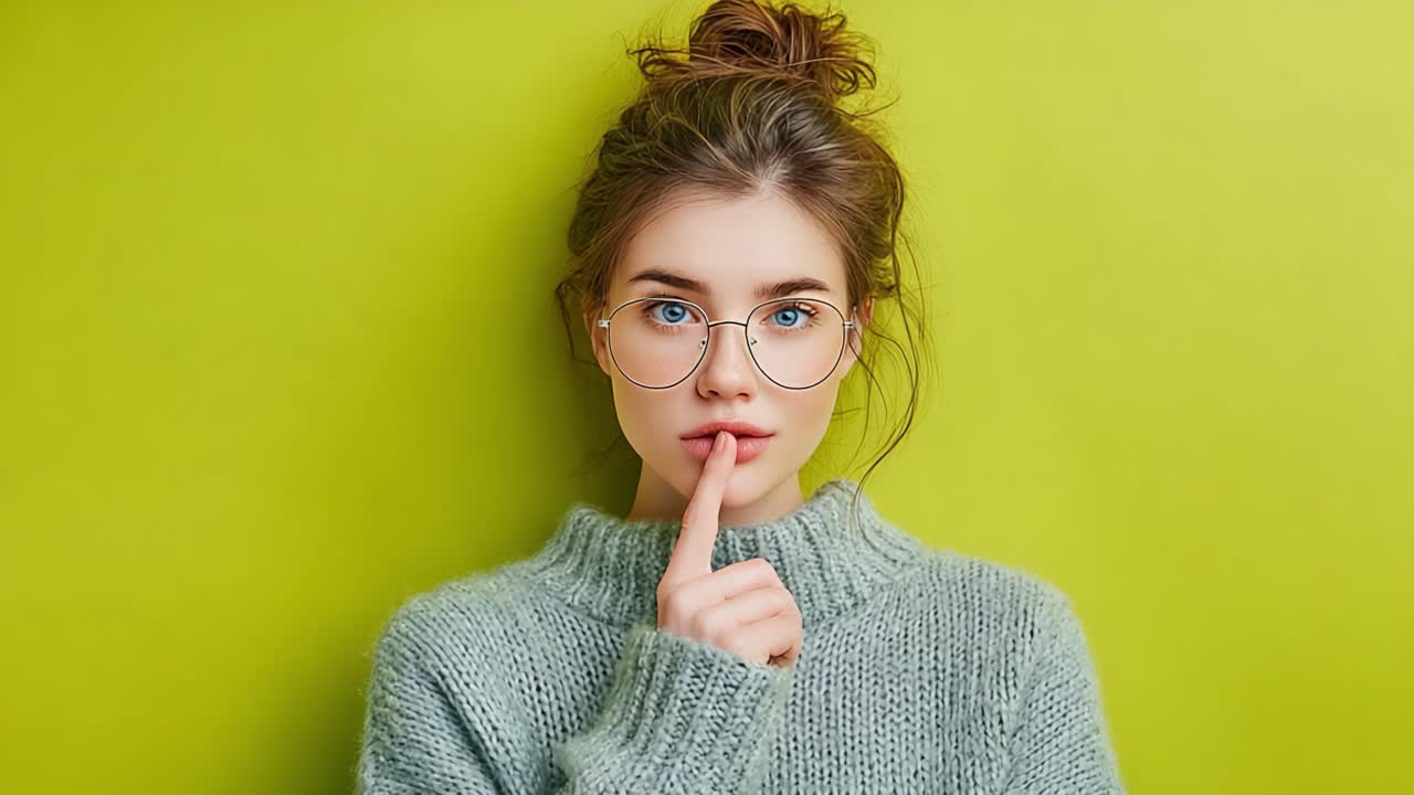 A Captivating Portrait of a Fashionable Young Woman with Glasses Whispering a Secret Against a Vibrant Green Background, Evoking Mystery and Intrigue