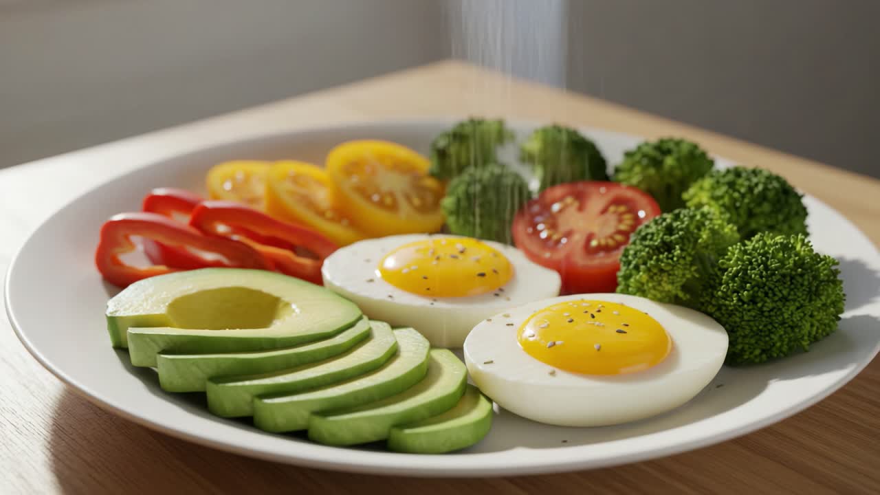 A Colorful Assortment of Fresh Vegetables and Eggs on a Plate: Brightly Colored Ingredients Creating a Healthy and Nutrient-Dense Meal Option