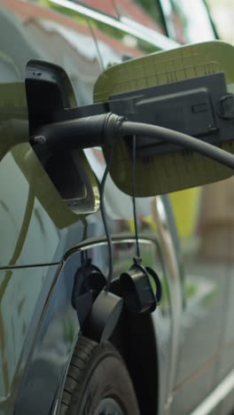 vertical video close up of electric car plugged into charger, reducing greenhouse gas