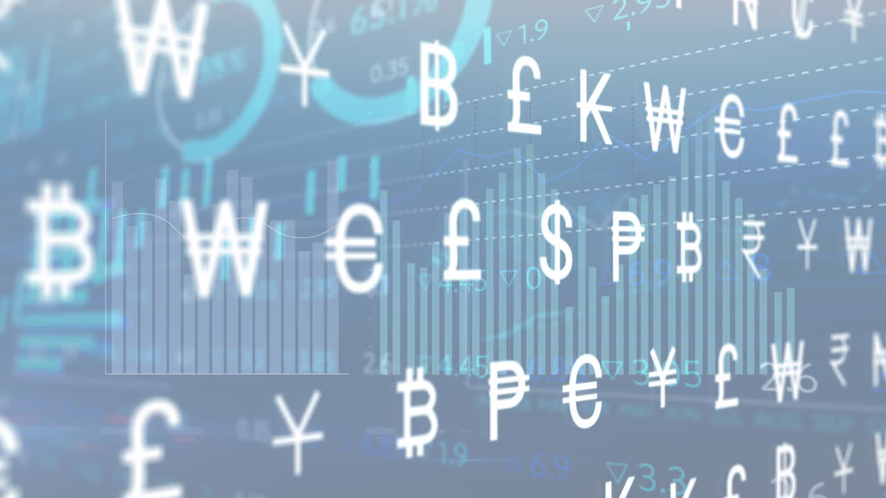 파란색 배경에 여러 그래프와 거래 보드를 가진 통화 기호의 애니메이션