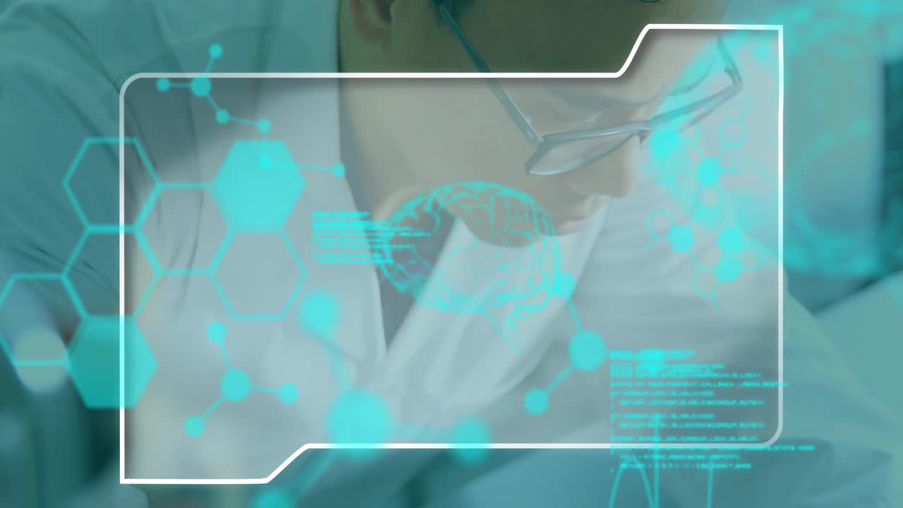 In laboratory, scientist analyzing digital data with animation of hexagonal patterns