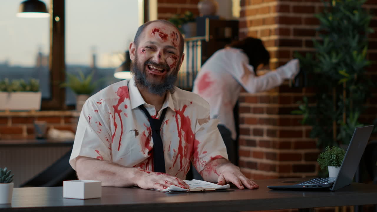 Mindless scary zombie smirking creepy at camera while sitting at desk
