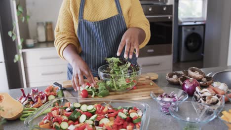 Midsection-of-african-american-woman-in-apron-preparing-salad-in-kitchen,-slow-motion