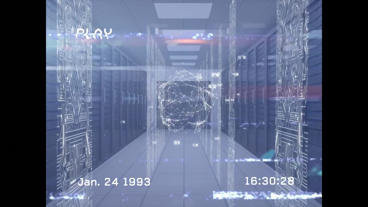 Animation of play interface screen and network of connections over computer servers