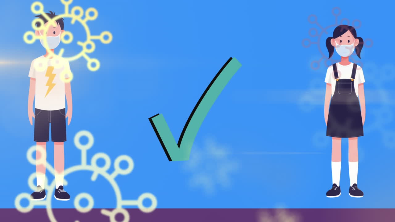 여러 코로나19 세포가 소년과 소녀를 공격하고 있습니다. 소년과 소녀는 마스크를 쓰고 사회적 거리를 유지하고 있습니다.