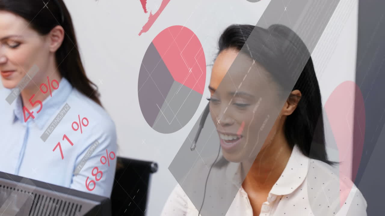 헤드 ⁇ 을 착용하는 사무실 직원들에 대한 데이터 처리 및 통계의 애니메이션