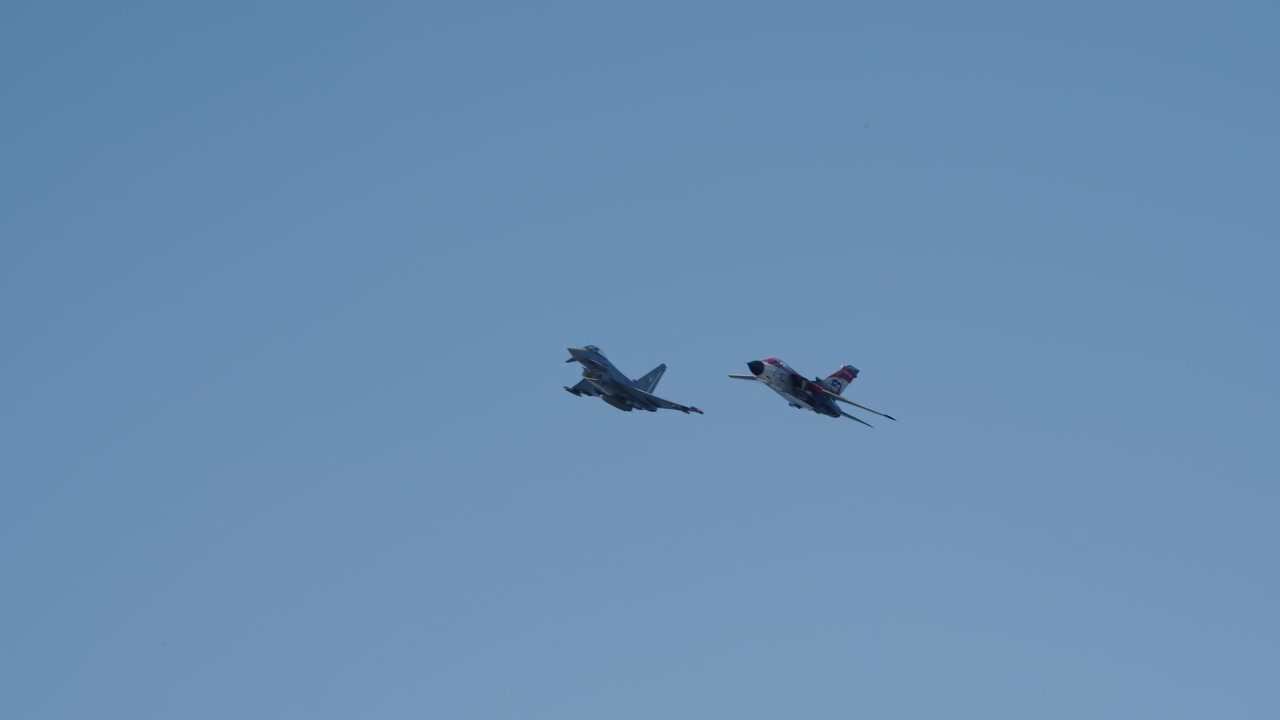 Two Fighter Jets Flying in Close Formation Against Blue Sky