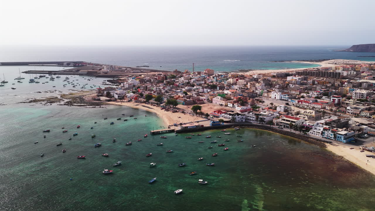 Sal Rei city aerial view, Old city with many colorful house, turquoise ocean and sandy beach,Boa Vista, Cape Verde
