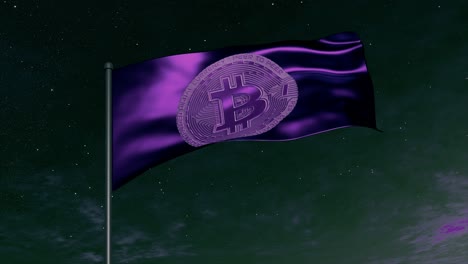la bandera púrpura de bitcoin en la noche