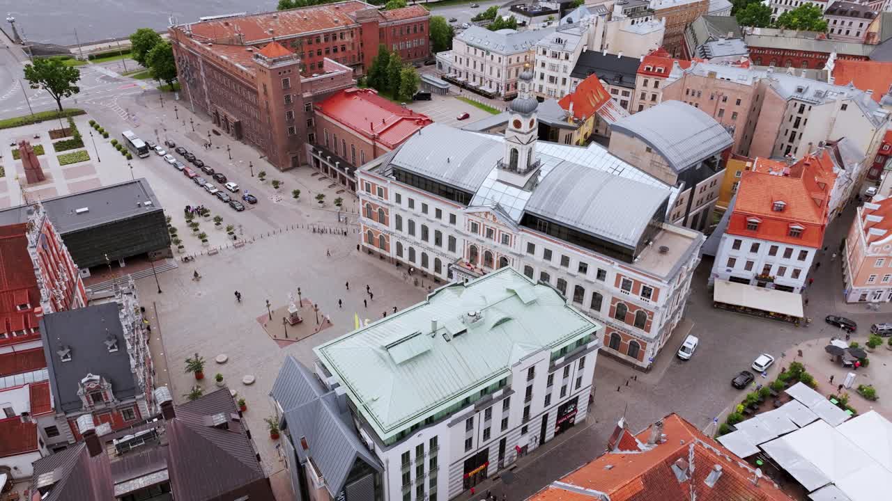 Town Hall and Blackheads House seen from above in overcast Riga city center