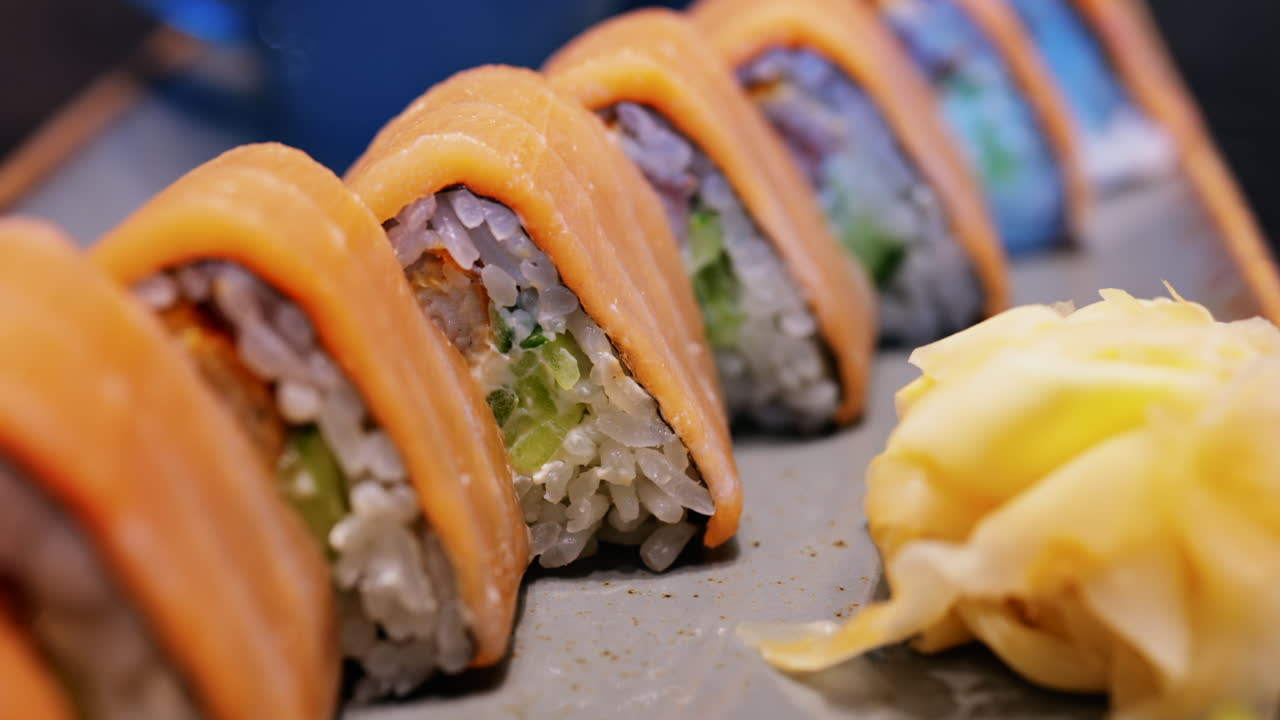 Close up of triangle shaped salmon sushi on a platter with wasabi and gari