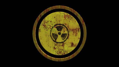 rusted yellow painted metal radioactive sign spinning. seamless loop animation