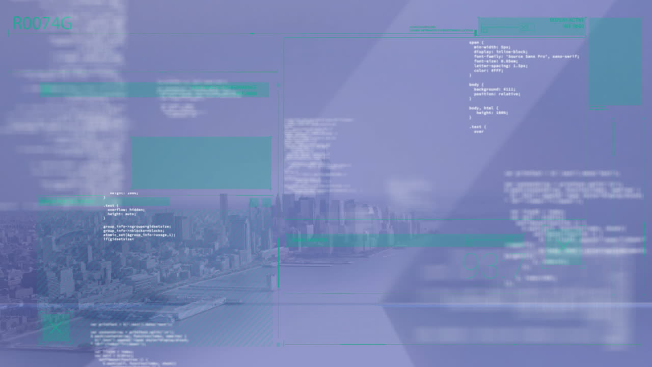 Cityscape with skyscrapers overlaid with coding and data processing animation