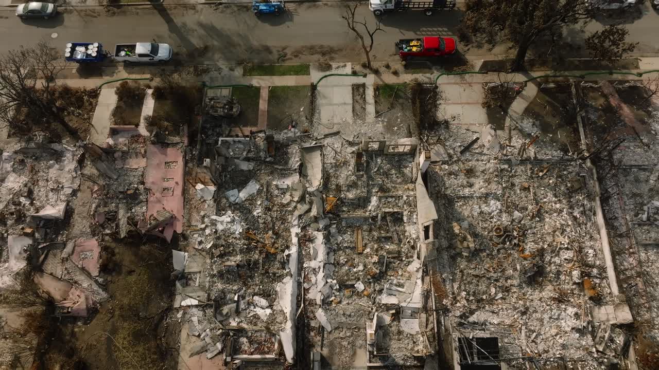 4K aerial of Pacific Palisades after the fire in January 2025, Los Angeles, California, USA.
