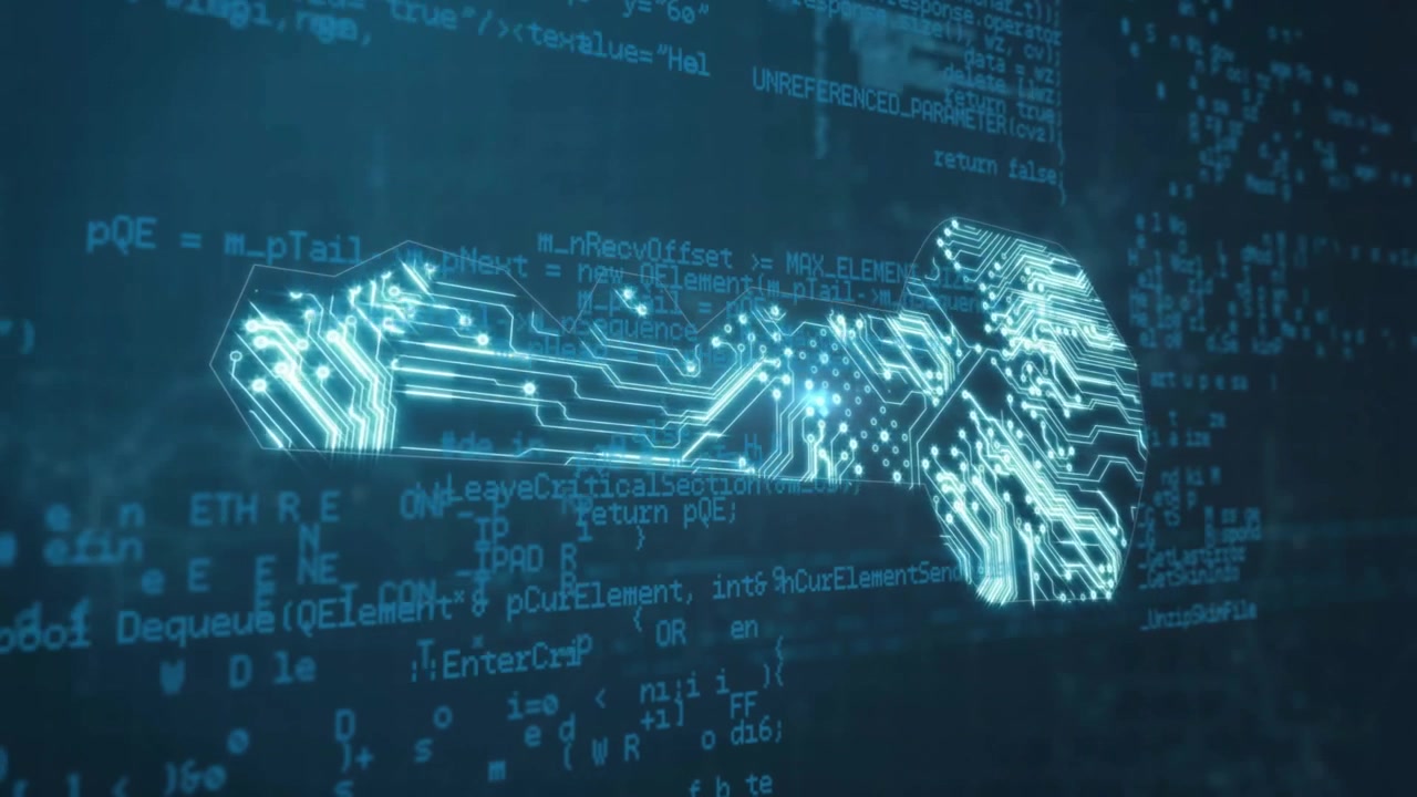 Neon-blue circuit-board key floating against code backdrop, emitting glowing nodes in animation