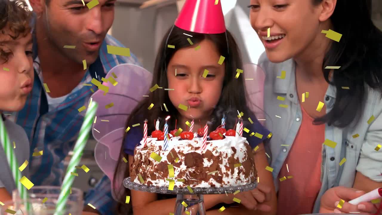 animación de confeti cayendo sobre la familia divirtiéndose en la fiesta de cumpleaños