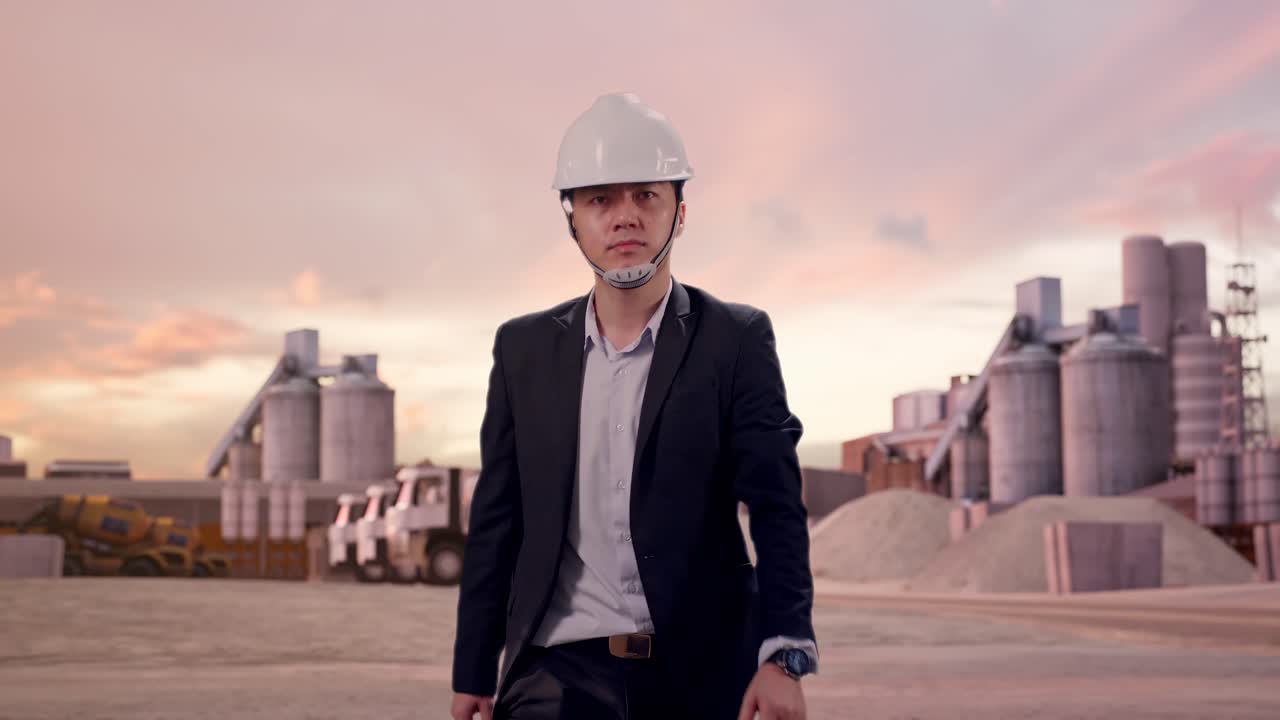 Vista frontal de un empresario asiático caminando, revisando la hora en su reloj en una planta de cemento industrial con el atardecer