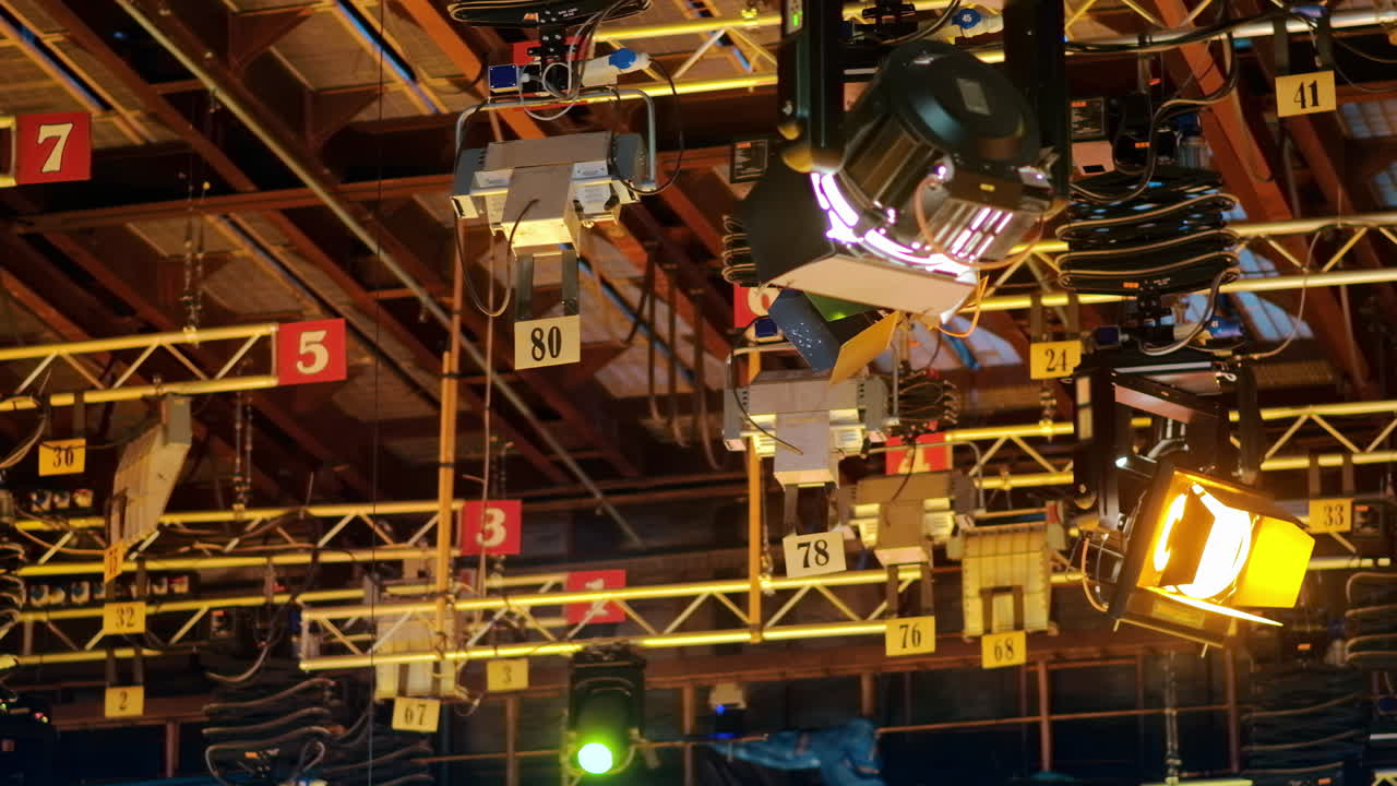 Flashing studio lights equipment on the ceiling of a TV set