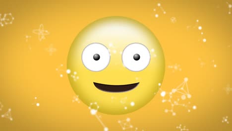 Animation-of-white-networks-falling-over-stuck-out-tongue-winking-emoji-on-yellow-background