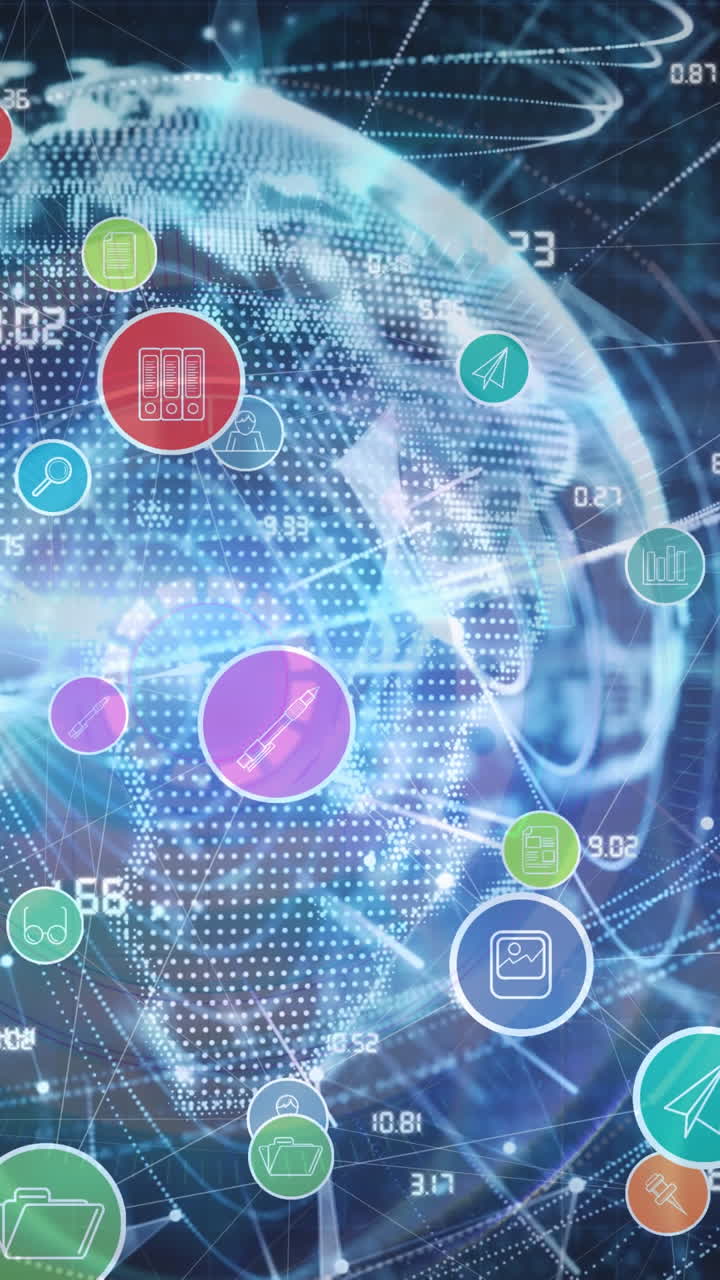 animación digital de múltiples iconos digitales flotando contra rastros de luz sobre un globo