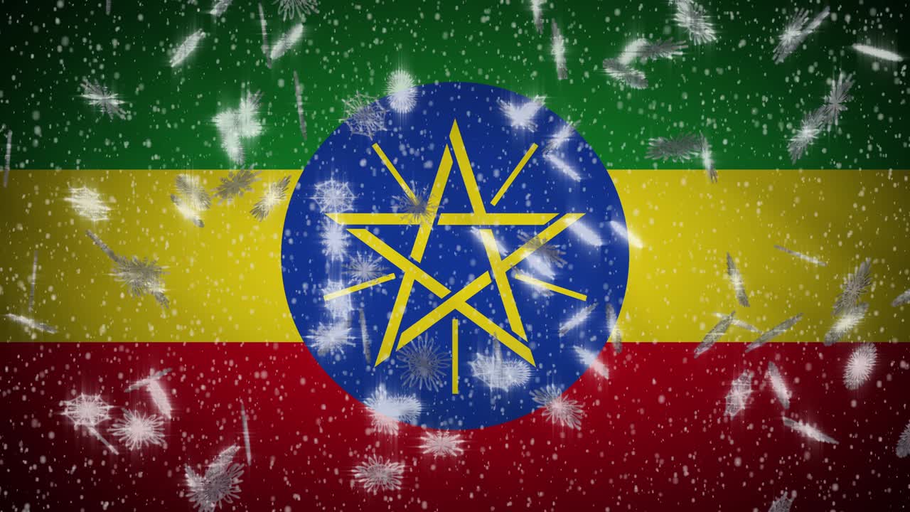 Ethiopia flag falling snow loopable, New Year and Christmas background, loop