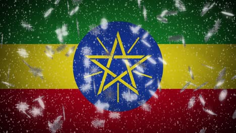 ethiopia flag falling snow loopable, new year and christmas background, loop