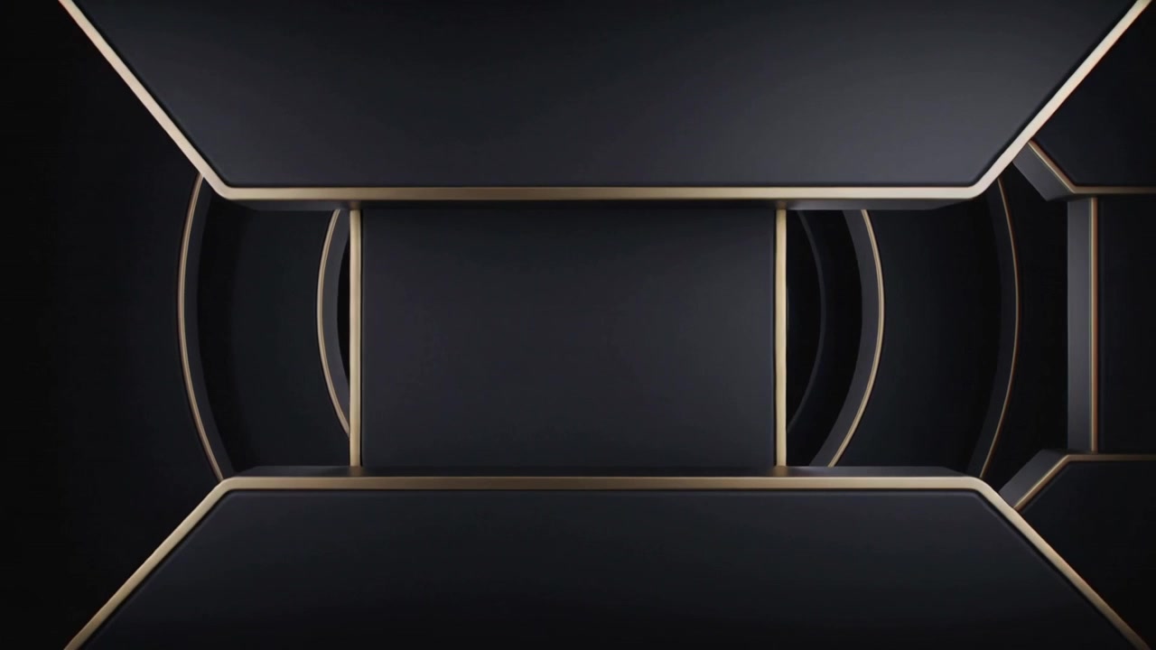 Commençant par un point lumineux central, des panneaux sombres, des anneaux glissant et tournant pour aligner un noyau dans un décor obscur