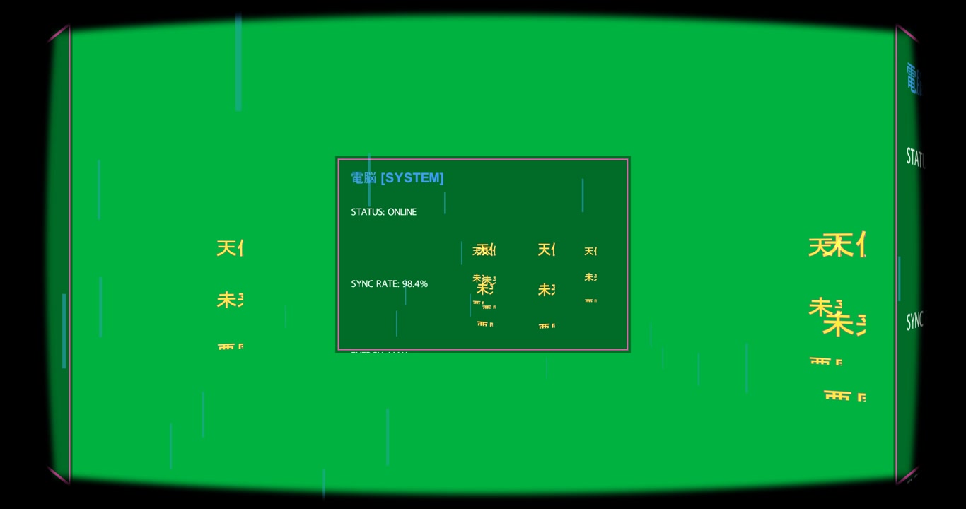Neon UI appearing panels glowing rotating blue streaks falling showing status over transparent void