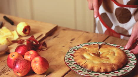 close up on womans hands cutting a pie