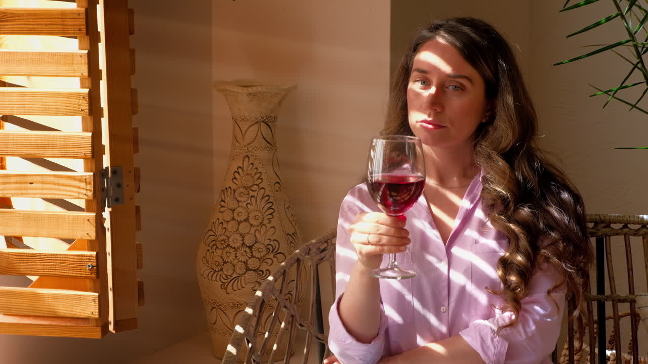 Woman savouring a glass of red wine in daylight