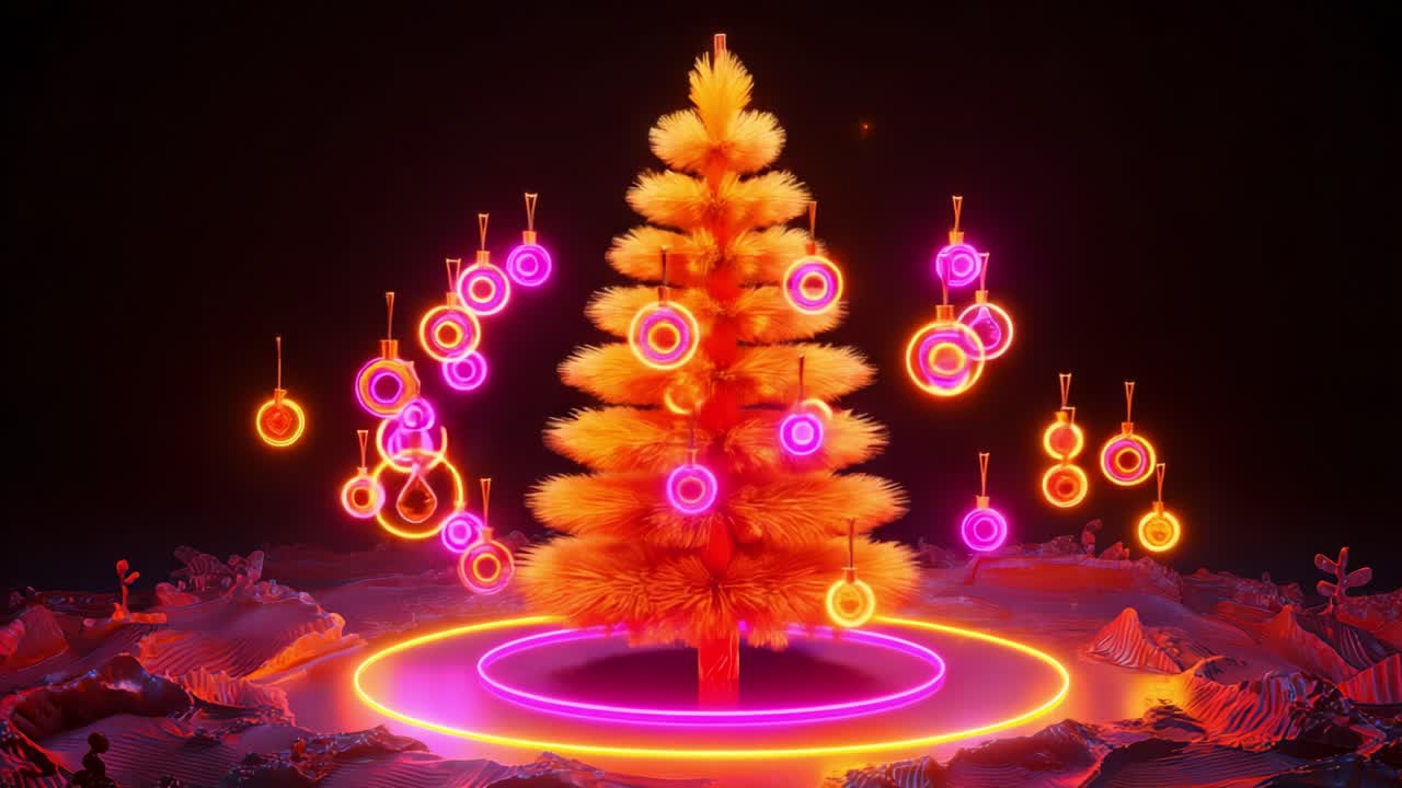 A Vibrant and Magical Christmas Tree Displaying Bright Ornaments and Radiant Lights, Capturing the Essence of Holiday Spirit in an Eye-Catching Neon Style