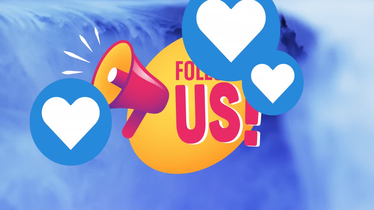 움직이는 모양과 미디어 아이콘의 애니메이션은 파란색 배경에 우리를 따라 텍스트